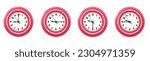 Small photo of close up of a set of red wall clocks showing the time; 9, 9.15, 9.30 and 9.45 p.m or a.m. Isolated on white background