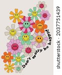 70s retro smiling daisy flowers ... | Shutterstock .eps vector #2037751439