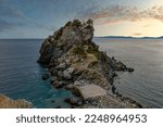 Small photo of View of the chapel of Saint John built upon the famous cliff where Mamma Mia movie was filmed ,well known as mama mia cliff, in Skopelos island, Sporades, Greece.