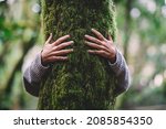 Small photo of Nature lover hugging trunk tree with green musk in tropical woods forest. Green natural background. Concept of people love nature and protect from deforestation or pollution or climate change