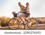 Small photo of Healthy ad active mature retired people lifestyle. Man carrying woman senior aged on the same bike. Retired people having fun in outdoor leisure activity. Togetherness concept life. Happiness. Youthfu