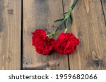 Two Red Carnations On A Wooden...