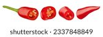 Small photo of Red chili pepper on a white isolated background. Pepper cut into slices on a white background close-up. Isolate of different parts of hot pepper. High quality photo.