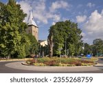 Small photo of ZARY. POLAND. 09 AUGUST 2019 : Sculpture of Swiatowid and Guard tower in Zary. Poland