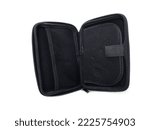 Small photo of Black Hard Case Pouch For Protecting Gadget, Tool, Cable. Opened Shock Proof Pocket Storage Case For Carrying Gadget Outdoor Isolated on White Background.