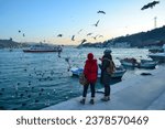 Small photo of Young girlfriends feed ducks and flying seagulls on the shore of a sea bay. Istanbul cityscape, beautiful buildings, pleasure boats and ferries. Sunset.