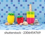 Decorative colored shower sponges in the form of pineapple fruits, strawberries and ice cream on a stick are decorated with seashells. Body care. Blue tile background.