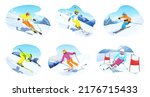 Set of skiers isolated on white background. Colorful skier rides. Winter sport characters slides in mountains. Ski actions: downhill, slalom, freeride, freestyle. Skiing in Alps. Vector illustration