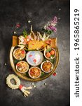 Small photo of Thai Khao Chae With mellow side dishes such as bell peppers stuffed with pork and shrimp Egg wrapped in tiger hand, shredded pork, stir-fried radish Dried chili stuffed