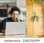 Small photo of Father and son doing homework with laptop fighting and arguing over learning at home. Father and teenage son using laptop. Boy and dad sitting at home working with notebook, boy being bored looking