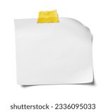 Small photo of close up of white note paper with adhesive tape on white background, business and office supplies and concept