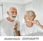 Small photo of Portrait of an elderly senior couple cleaning brushing their teeth in front of mirror in bathroom. Dental hygiene, vitality, love and beauty concepts