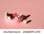 Small photo of A model of a fake jaw with a lost front baby tooth on a pink background. Dental implantation. Tooth loss due to illness. Dental and oral care. Artificial jaw for demonstration to patients