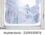 Winter Frozen Window. White Old ...