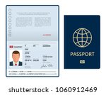 Vector Blank open passport template. International passport with sample personal data page. Document for travel and immigration. Isolated vector illustration.