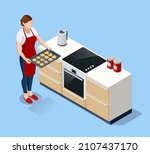 Isometric Woman Cooking Tasty...