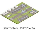 Isometric military fighter jet aircrafts, large military transport aircraft, parked. Military air force base army facilities with hangars