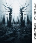 Dark Scary Forest Scene With...
