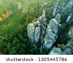 Remains of rock city in Adrspach Rocks, part of Adrspach-Teplice landscape park in Broumov Highlands region of Czech Republic. Aerial photo.