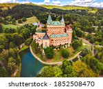 Aerial view of Bojnice medieval castle, UNESCO heritage in Slovakia Slovakia landscape travel. concept. Romantic castle.