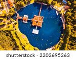 Aerial view of the famous Lake Heviz in Hungary, near the lake Balaton. The largest thermal lake in the world available to bath. Discover the beauties of Hungary.