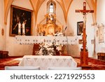 Church wooden bench. Interior view of a modern church with empty pews. Altar, organ, jesus. Christian cross building. wedding celebration