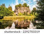 Sloup Castle in Northern Bohemia, Czechia. Sloup rock castle in the small town of Sloup v Cechach, in the Liberec Region, north Bohemia, Czech Republic.