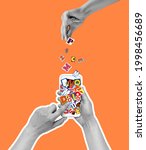 Small photo of Addiction to social media. Human hands with phone isolated over orange background. Modern art design in trendy colors. Stylish composition, youth culture, magazine style. Contemporary art collage.
