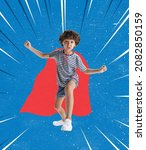 Small photo of Kid's imagination. Contemporary art collage of little boy wearing red cloak and pretending to be a superman isolated over blue background. Concept of childhood, imagination, game. Copy space for ad