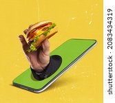 Small photo of Contemporary art collage of male hand holding burger sticking out phone screen isolated over yellow background. Concept of delivery service, online shopping, food, technology. Copy space for ad