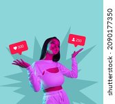 Small photo of Creative design of young beautiful smiing girl having many social media popularity isolated over blue background. Concept of social media, influence, popularity, modern lifestyle and ad