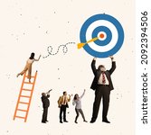 Small photo of Contemporary art collage of employees reaching higher goals. Businessman holding bid business target. Concept of motivation, professional and personal growth, team work. Copy space for ad