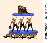 Small photo of Creative design. Contemporary art collage of businessmen standing in pyramid according to work class hierarchy. Concept of employment, labor, teamwork, leadership, working conditions and ad