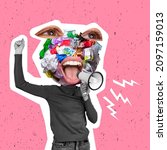 Small photo of Contemporary artwork of girl with trash head shouing into megaphone to claim on environmental problem of garbage pollution. Concept of environment, recycling, preservation, nature. Copy space for ad