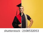 Small photo of Collage of man and young boy, firefighter and graduate student isolated over red and yellow background. Maintaining lifestyle. Concept of profession, education, work, employment, future. Ad