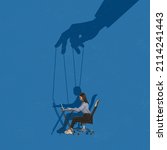 Small photo of Contemporary art collage. Young woman, employee working on laptop. Giant hand with string attached to girl making control. Concept of business, leadership, control, authority