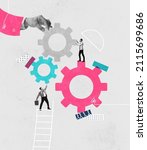 Small photo of Contemporary art collage of people making, connecting gears symbolizing teamwork, working experience. Profitable marketing. Concept of teamwork, business, analytics, statistics, professional growth