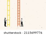 Small photo of Contemporary art collage. Man and woman standing near ladder of success with unequal steps symbolizing gender discrimination. Different business opportunities. Concept of business, success, promotion
