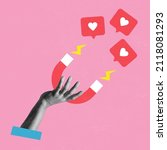 Small photo of Conemporary art collage with female hand holding magnet and magnetizing likes symbol isolated over pink background. Concept of social media, influence, popularity, modern lifestyle and ad