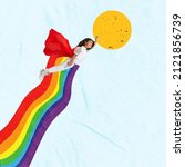 Small photo of Creative colorful design. Contemporary art collage with little girl, child flying like superhero in mantle on rainbow. Childish imagination. Concept of childhood, motherhood, creativity, dreams, ad