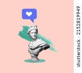 Small photo of Contemporary art collage. Antique statue bust with like icon isolated over pink background. Modern design. Concept of social media addiction, popularity, influence, modern lifestyle and ad