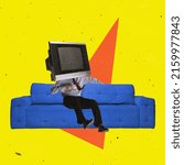 Small photo of Contemporary art collage. Man with retro TV head sitting on sofa, drinking coffee and listening to news isolated over yellow background. Concept of creativity, mass media influence, information, news