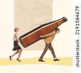 Small photo of Contemporary art collage. Stylish young couple in retro clothes carrying giant beer bottle. Festival preparation. Concept of party, festival, leisure time, Oktoberfest. Copy space for ad