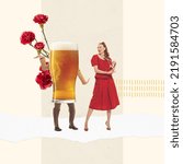 Small photo of Contemporary art collage. Stylish extravagant girl standing near big cool foamy beer glass. Oktoberfest party. Concept of party, festival, leisure time, Oktoberfest. Copy space for ad