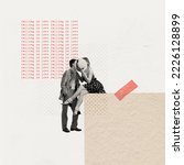 Small photo of Contemporary art collage. Creative design in retro style. Lovely young couple, man and woman kissing behind straw hat. Concept of relationship, Valentine's Day, love, feelings. Copy space for ad