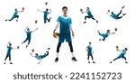 Small photo of Collage of movements. Young man, volleyball player in motion, training, playing isolated over white background. Sport, development of movements. Concept of active lifestyle, health, ad