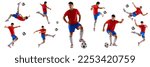 Collage, photo set. Portraits of professional asian football player in motion and action isolated over white background. Concept of sport, active and healthy lifestyle, team game. Banner