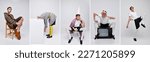 Small photo of Collage. Young man in bright stylish clothes posing isolated over grey background. Weird people concept. Concept of modern fashion, art photography, style, queer, uniqueness, ad