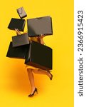 Small photo of Woman in stylishly outfit carrying a lot of purchases, black shopping paper bags over yellow studio background. concept of fashion, beauty, salesperson, Black Friday, sale. copy space. ad