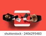 Small photo of Creative collage. Two young women sit at common table with documents and conduct interview against red studio background. Concept of business, work, job, meeting, office. Copy space. Ad